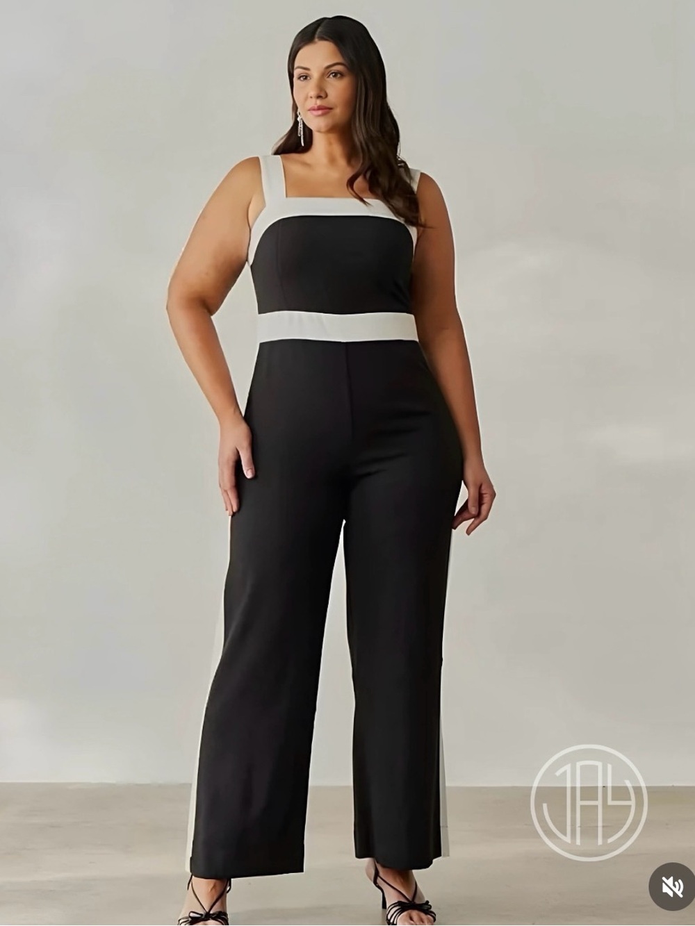 Contrast-Trim Black and White Square-Neck Jumpsuit